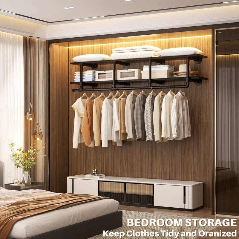 59 inches Wall Mounted Pipe Clothes Rack with Top Shelf