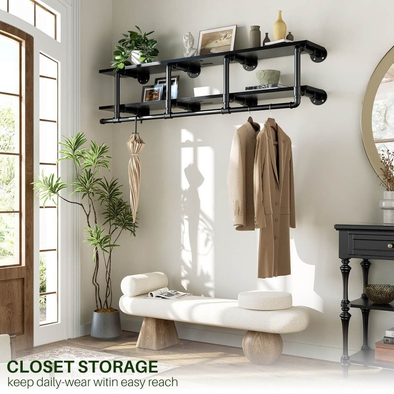 59 inches Wall Mounted Pipe Clothes Rack with Top Shelf