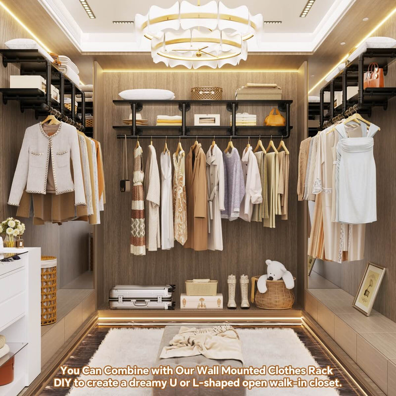 59 inches Wall Mounted Pipe Clothes Rack with Top Shelf