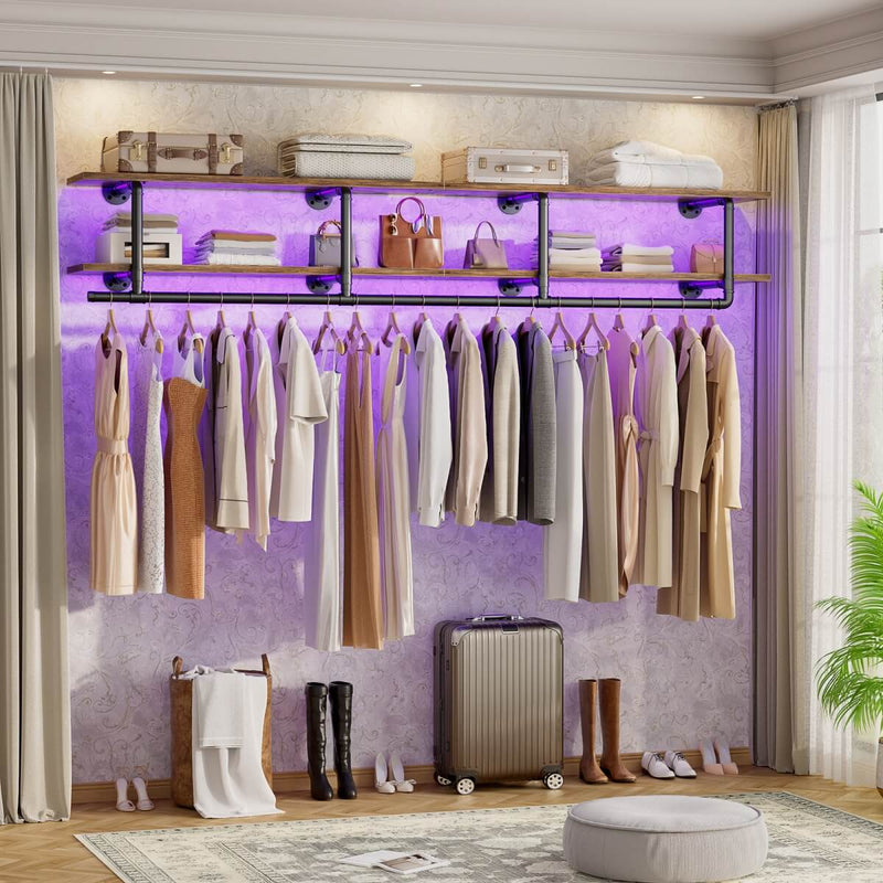 59 inches Wall Mounted Pipe Clothes Rack with Top Shelf