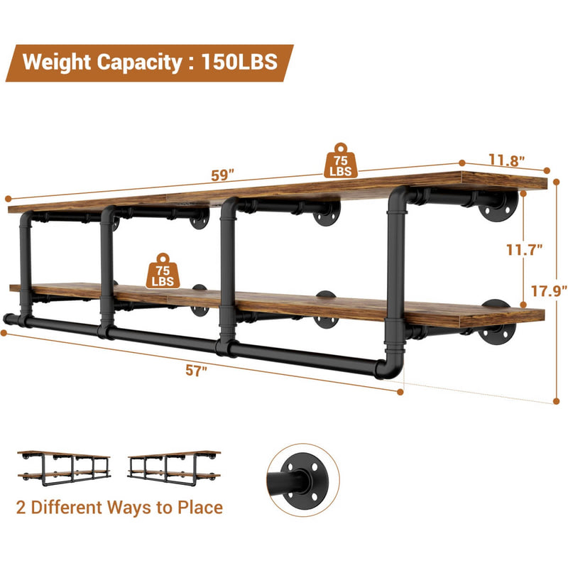 59 inches Wall Mounted Pipe Clothes Rack with Top Shelf