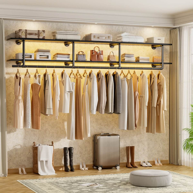 73 inches Wall Mounted Pipe Clothes Rack with Top Shelf