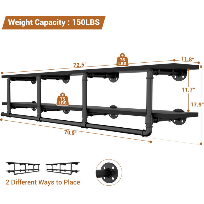73 inches Wall Mounted Pipe Clothes Rack with Top Shelf