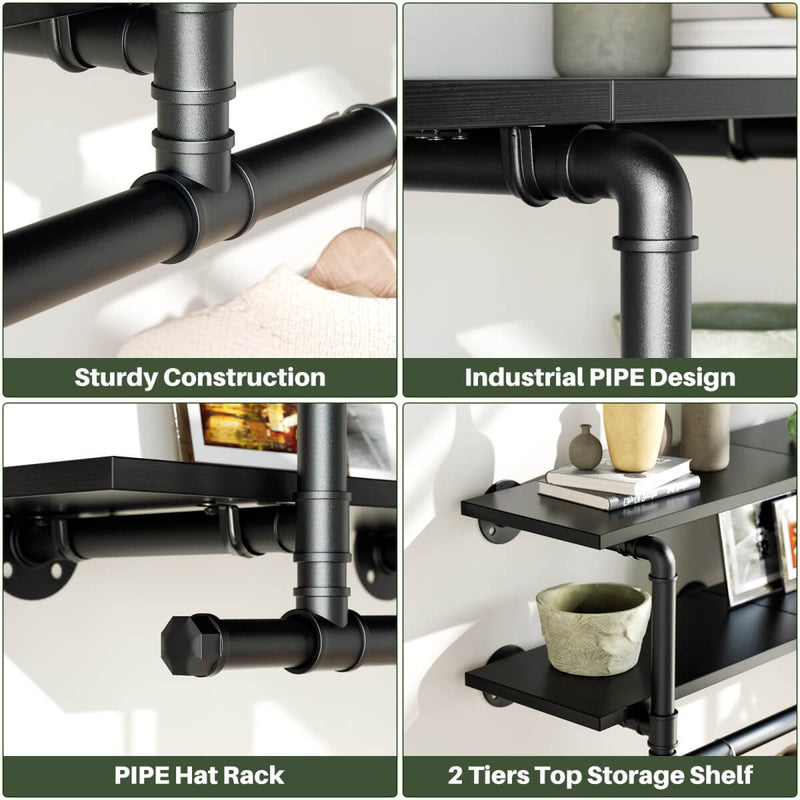 73 inches Wall Mounted Pipe Clothes Rack with Top Shelf