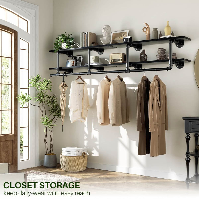 73 inches Wall Mounted Pipe Clothes Rack with Top Shelf