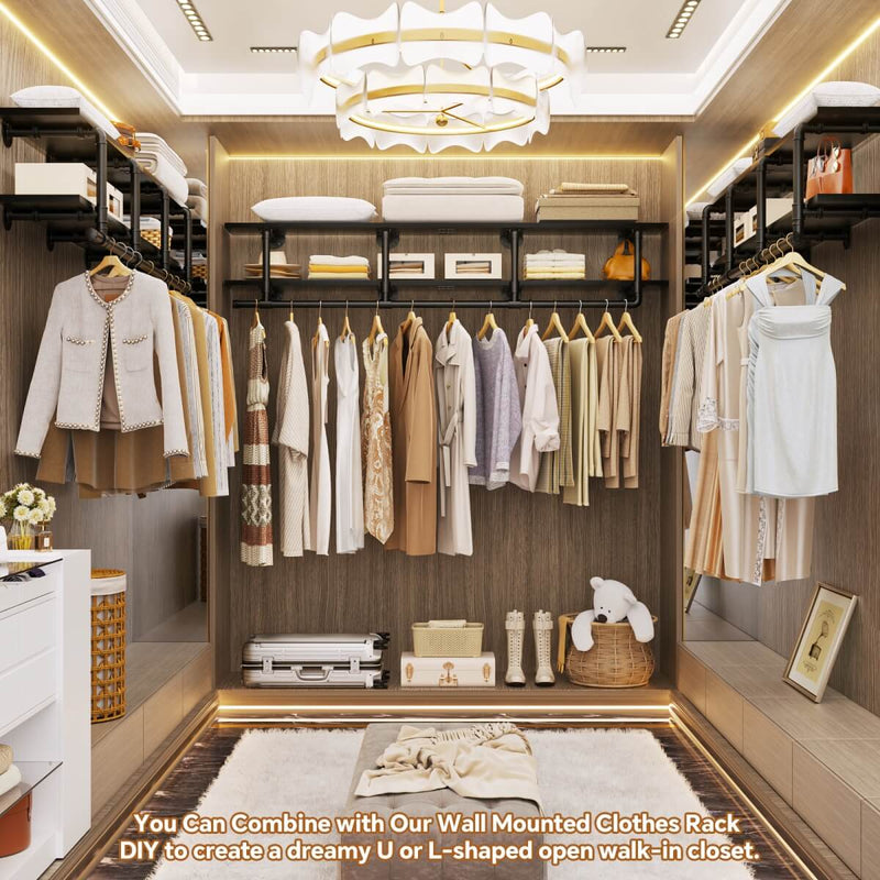 73 inches Wall Mounted Pipe Clothes Rack with Top Shelf