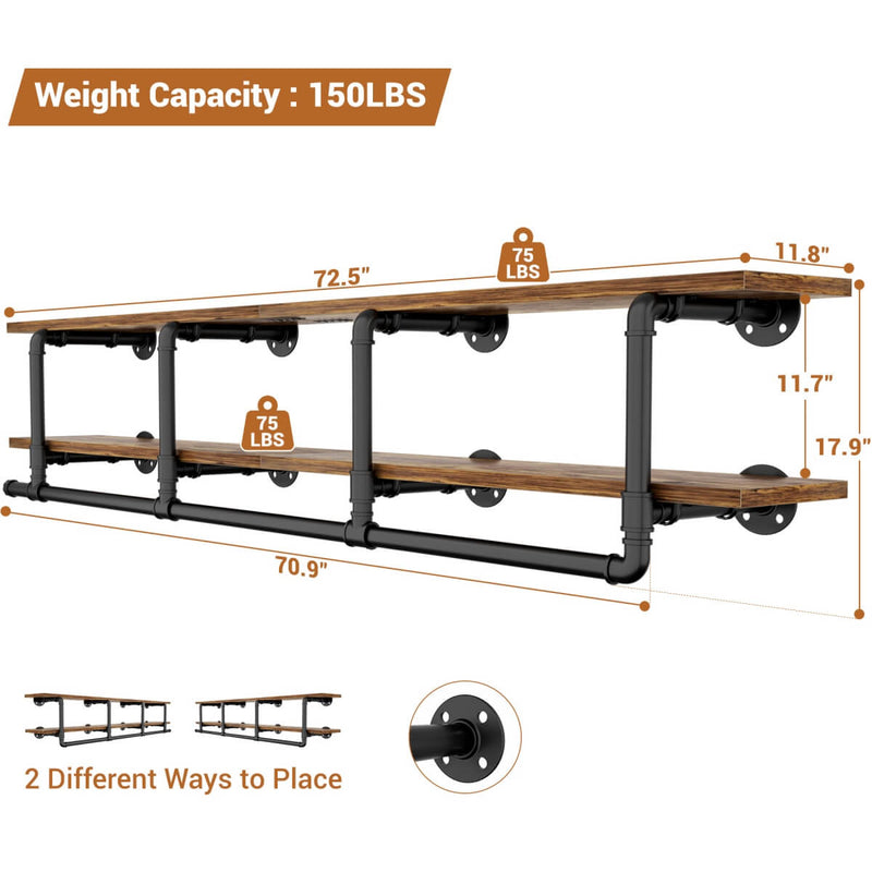Wall Mount Pipe Racking Aheaplus 73 inches Wall Mounted Pipe Clothes Rack with Top Shelf