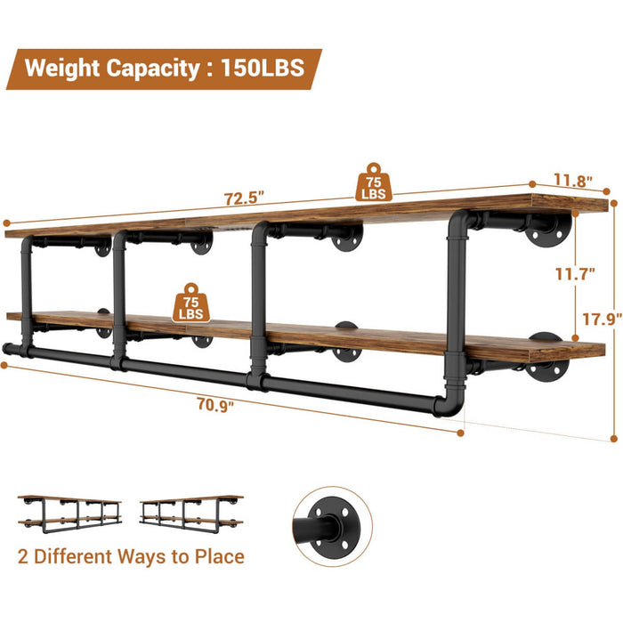 73 inches Wall Mounted Pipe Clothes Rack with Top Shelf