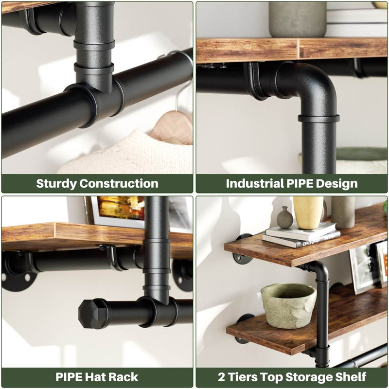 73 inches Wall Mounted Pipe Clothes Rack with Top Shelf