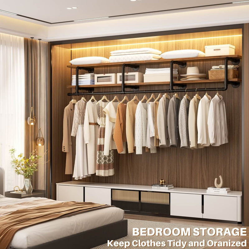 73 inches Wall Mounted Pipe Clothes Rack with Top Shelf