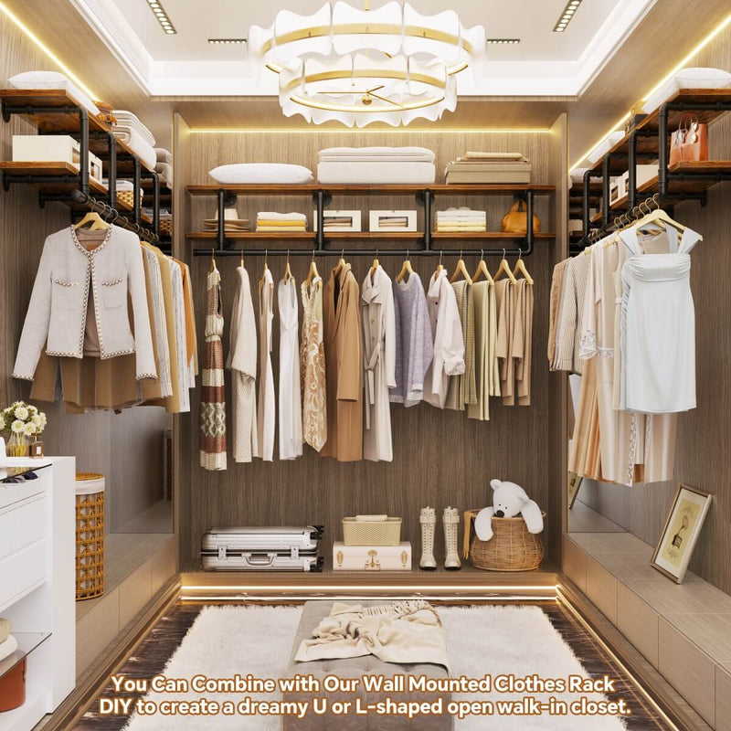 73 inches Wall Mounted Pipe Clothes Rack with Top Shelf