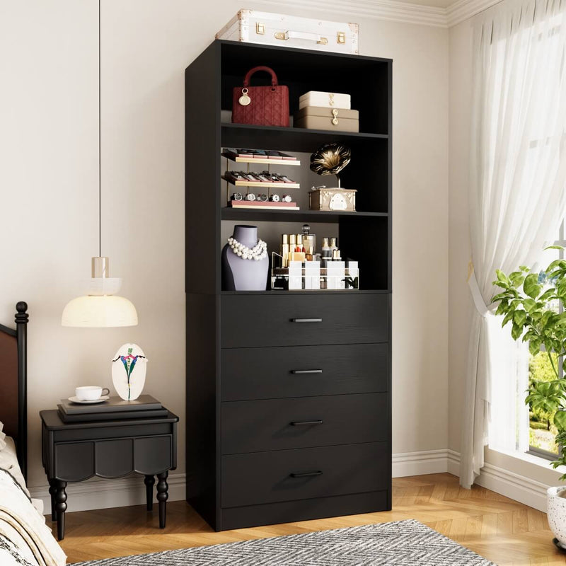 21.3'' Width Wooden Closet Drawer System with 4 Drawers and Open Shelves, Freestanding