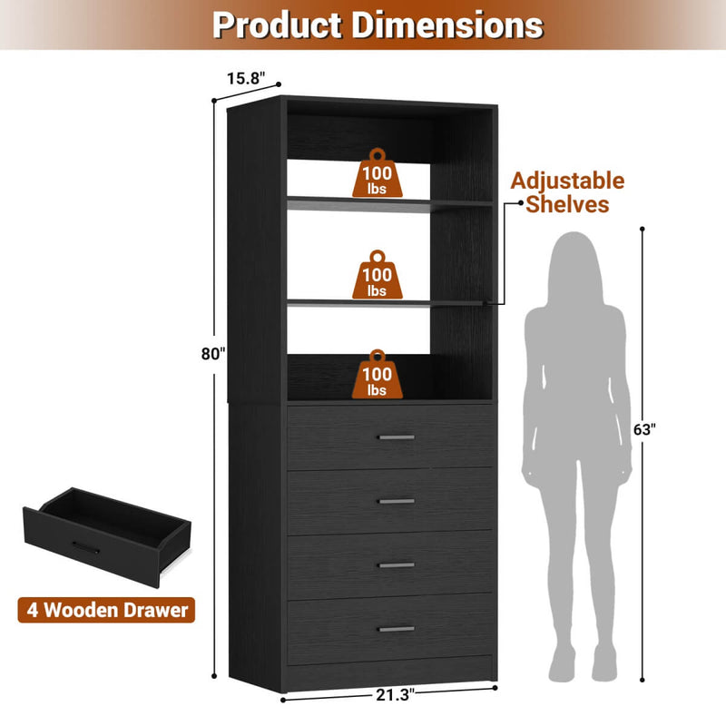 21.3'' Width Wooden Closet Drawer System with 4 Drawers and Open Shelves, Freestanding