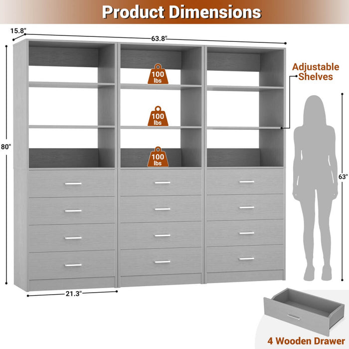 5.3FT Wood Closet Drawers Organizer System with 4 Drawers & Storage Shelves, 3 Packs