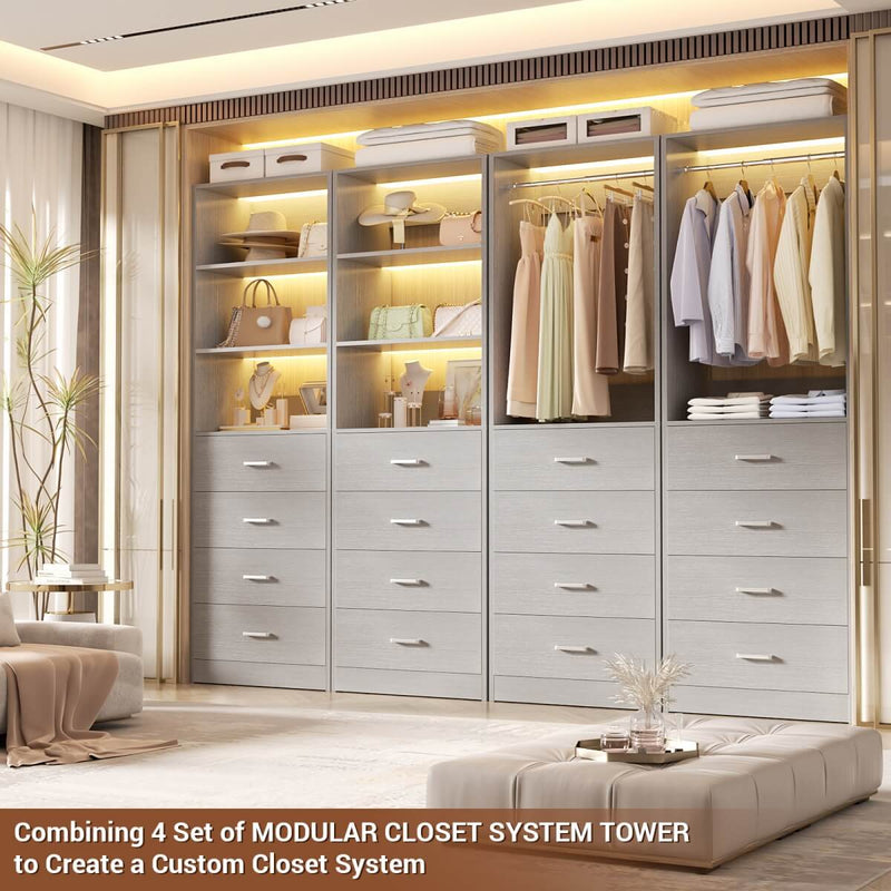 21.3'' Width Wooden Closet Drawer System with 4 Drawers and Open Shelves, Freestanding