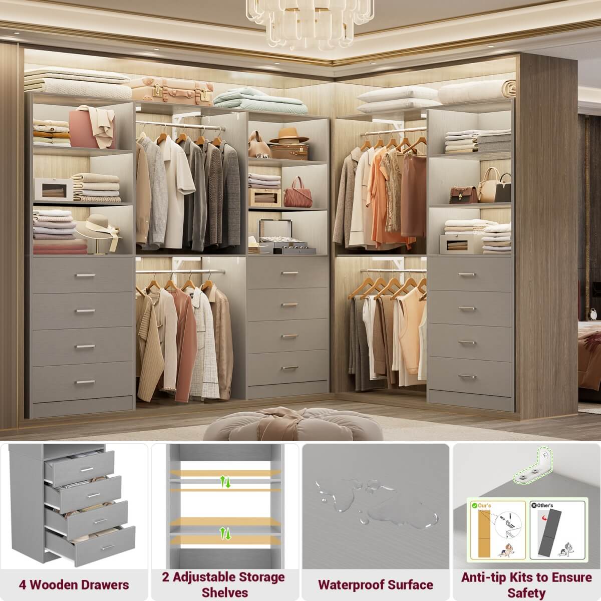 Aheaplus 21.3'' Width Wooden Closet Drawer System with 4 Drawers