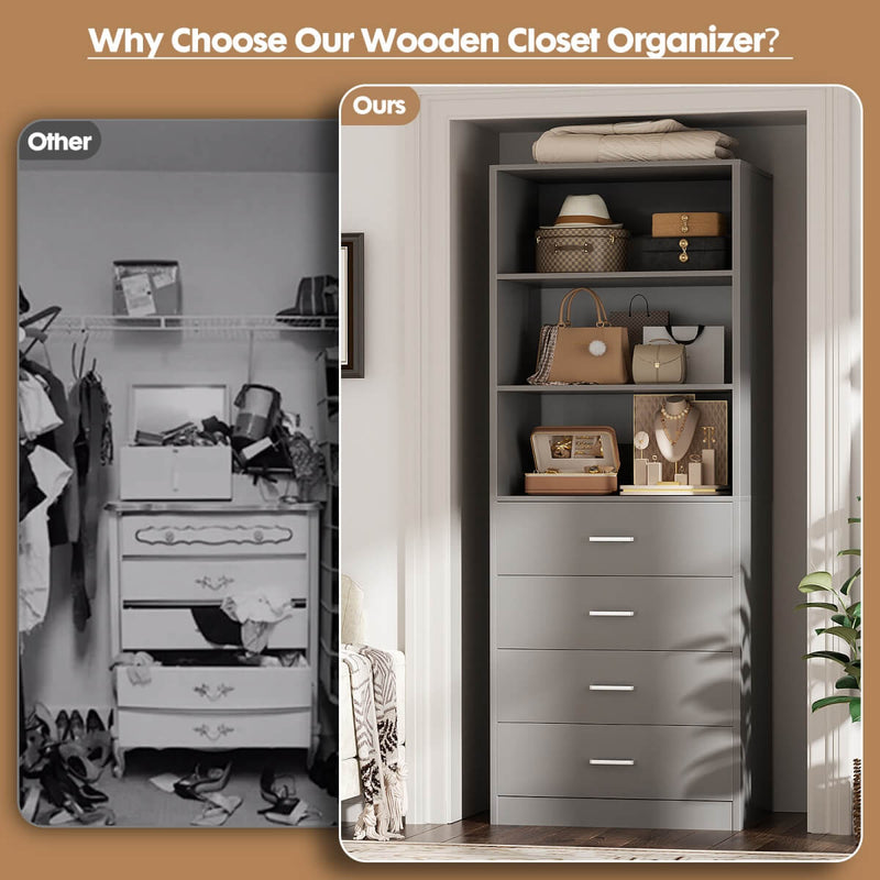 21.3'' Width Wooden Closet Drawer System with 4 Drawers and Open Shelves, Freestanding