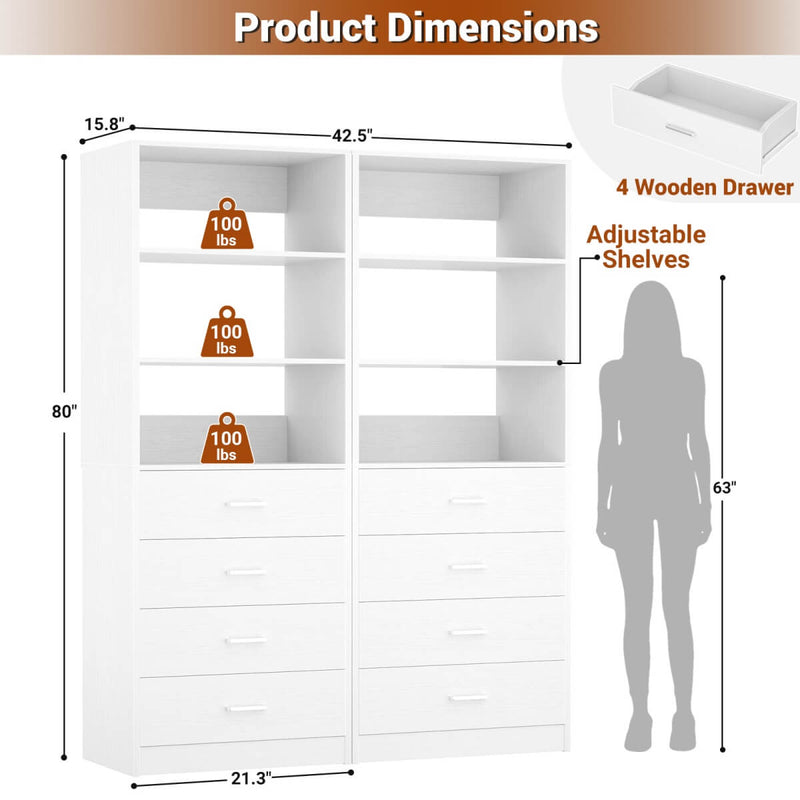 21.3'' Width Wooden Closet Drawer System with 4 Drawers and Open Shelves, 2 Sets