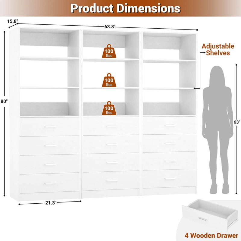 5.3FT Wood Closet Drawers Organizer System with 4 Drawers & Storage Shelves, 3 Packs