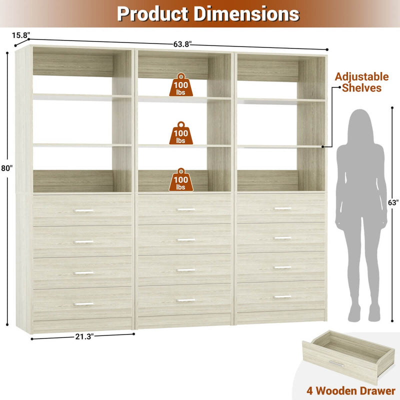 5.3FT Wood Closet Drawers Organizer System with 4 Drawers & Storage Shelves, 3 Packs