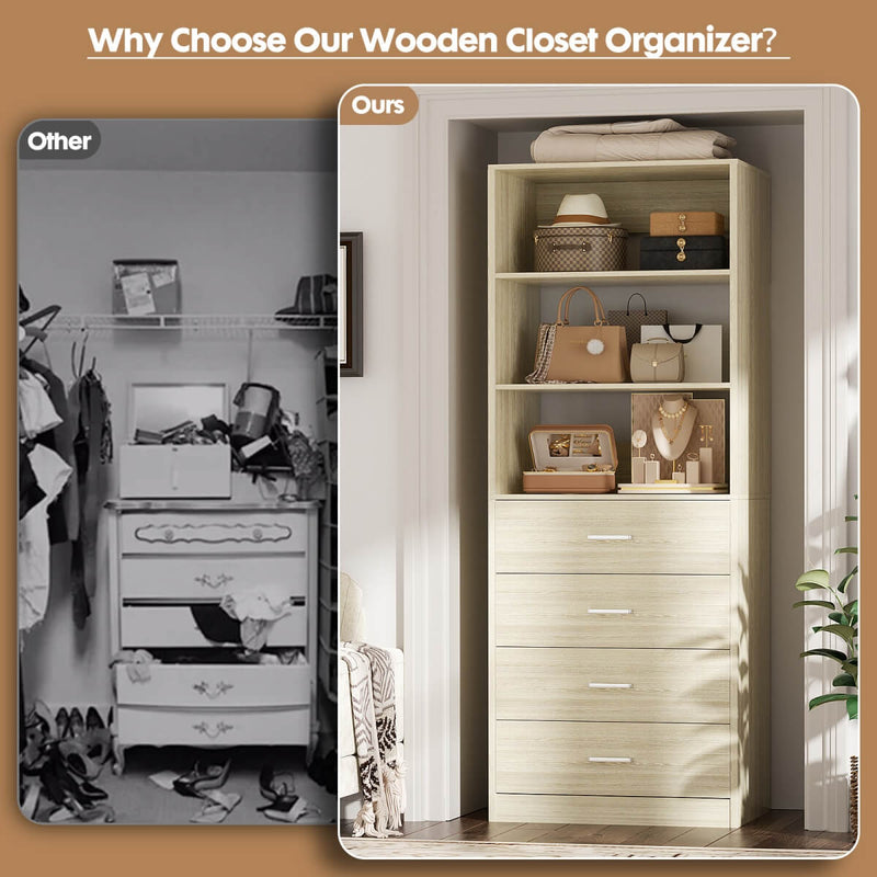 21.3'' Width Wooden Closet Drawer System with 4 Drawers and Open Shelves, Freestanding