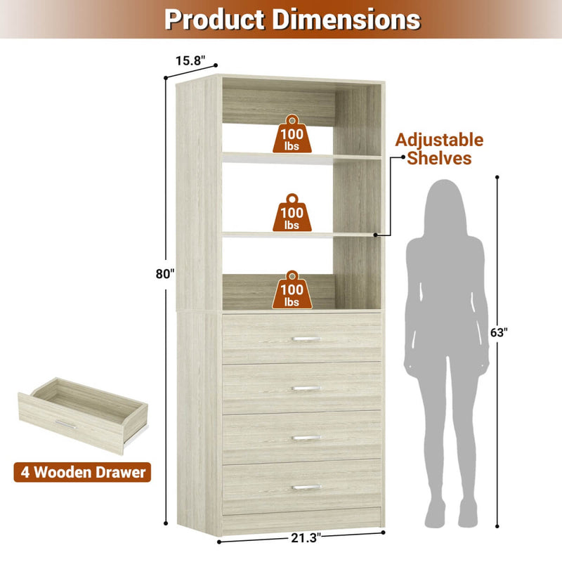 21.3'' Width Wooden Closet Drawer System with 4 Drawers and Open Shelves, Freestanding
