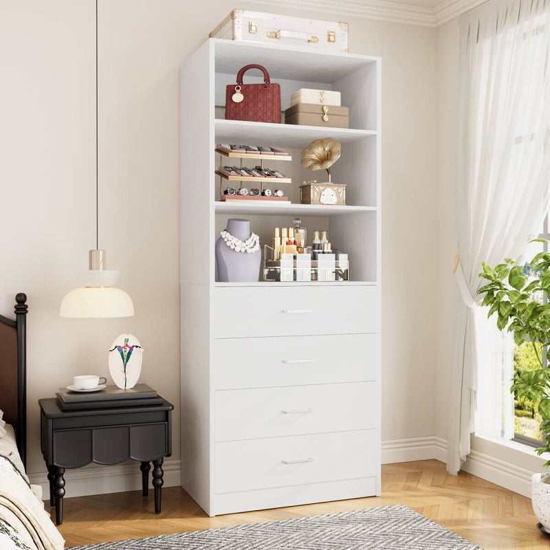 21.3'' Width Wooden Closet Drawer System with 4 Drawers and Open Shelves, Freestanding