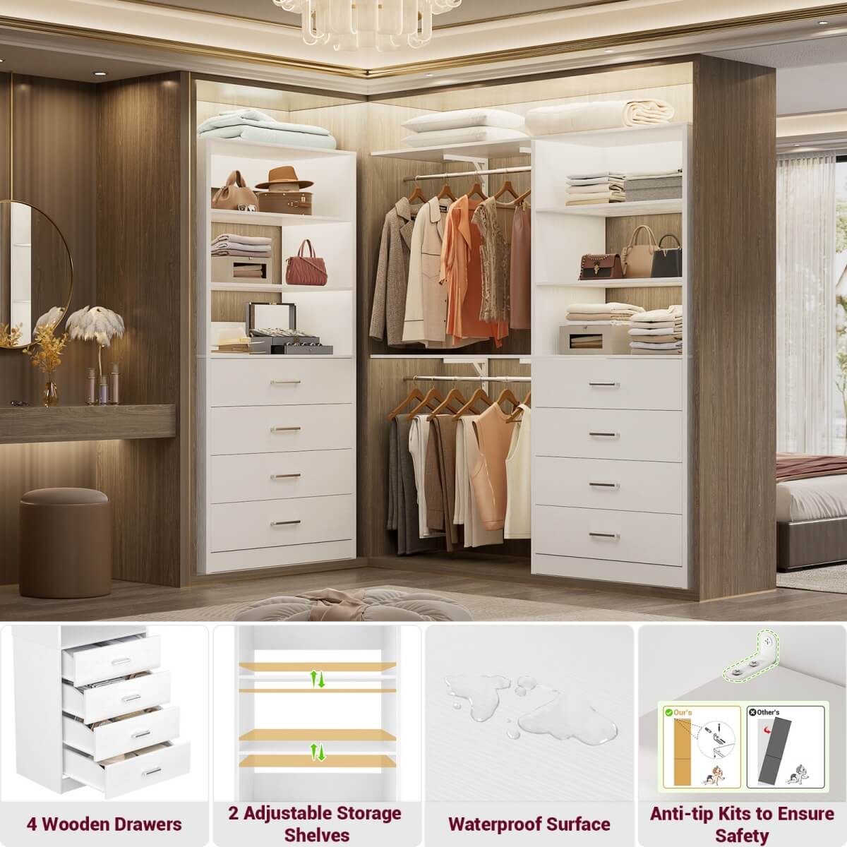 Aheaplus 21.3'' Width Wooden Closet Drawer System with 4 Drawers