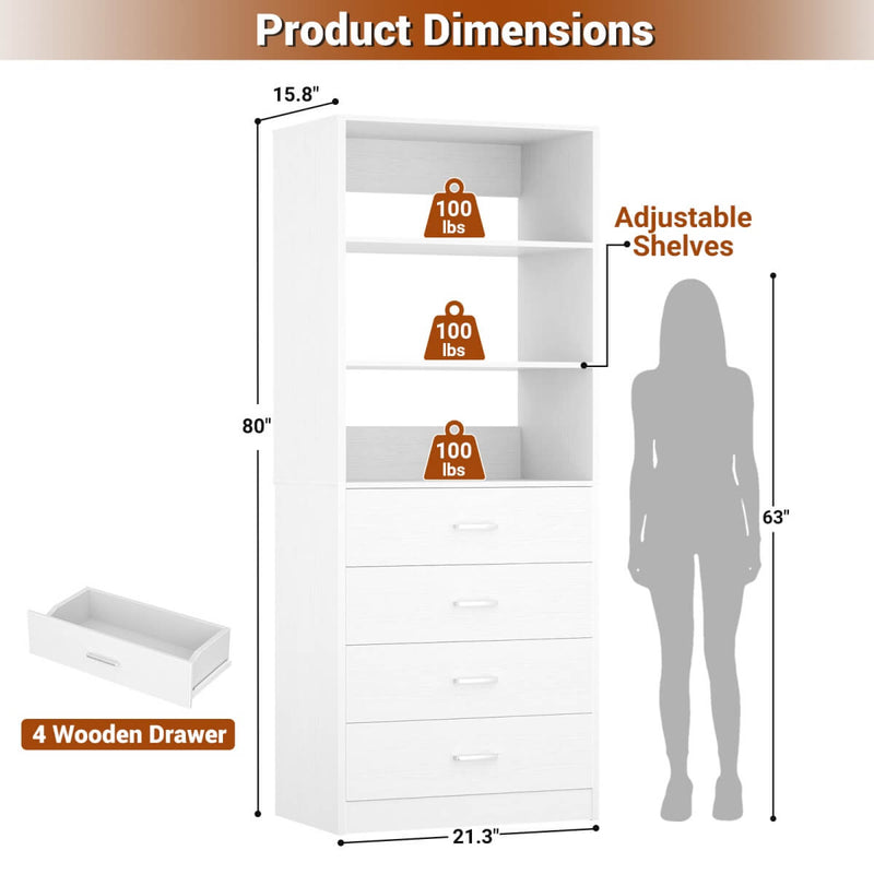 21.3'' Width Wooden Closet Drawer System with 4 Drawers and Open Shelves, Freestanding