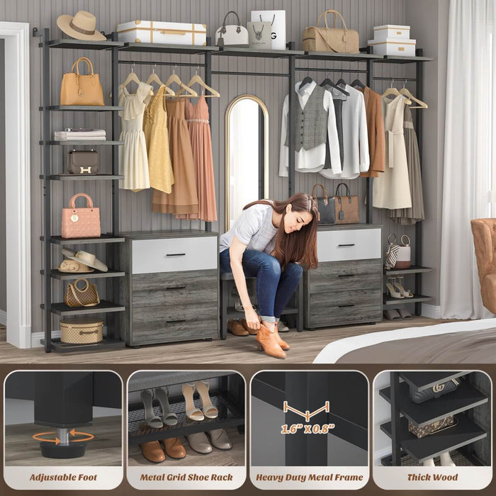 96'' Closet Organizer System with 6 Drawers, Walk-in Wardrobe Closet Clothing Rack