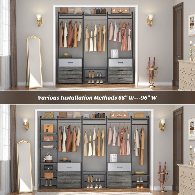 96'' Closet Organizer System with 6 Drawers, Walk-in Wardrobe Closet Clothing Rack