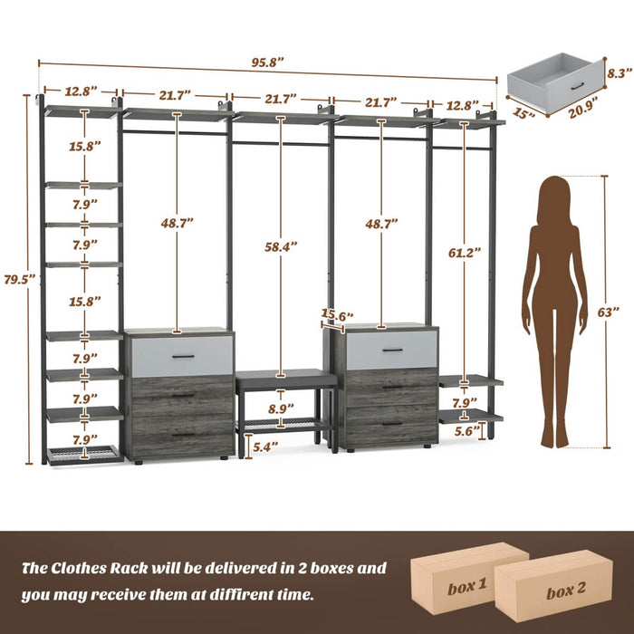 96'' Closet Organizer System with 6 Drawers, Walk-in Wardrobe Closet Clothing Rack
