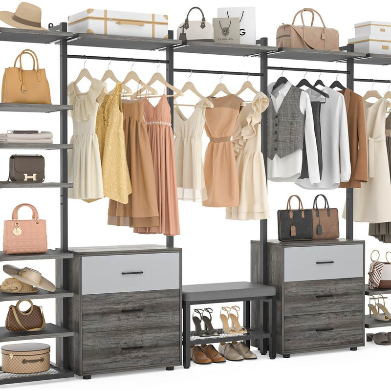 96'' Closet Organizer System with 6 Drawers, Walk-in Wardrobe Closet Clothing Rack