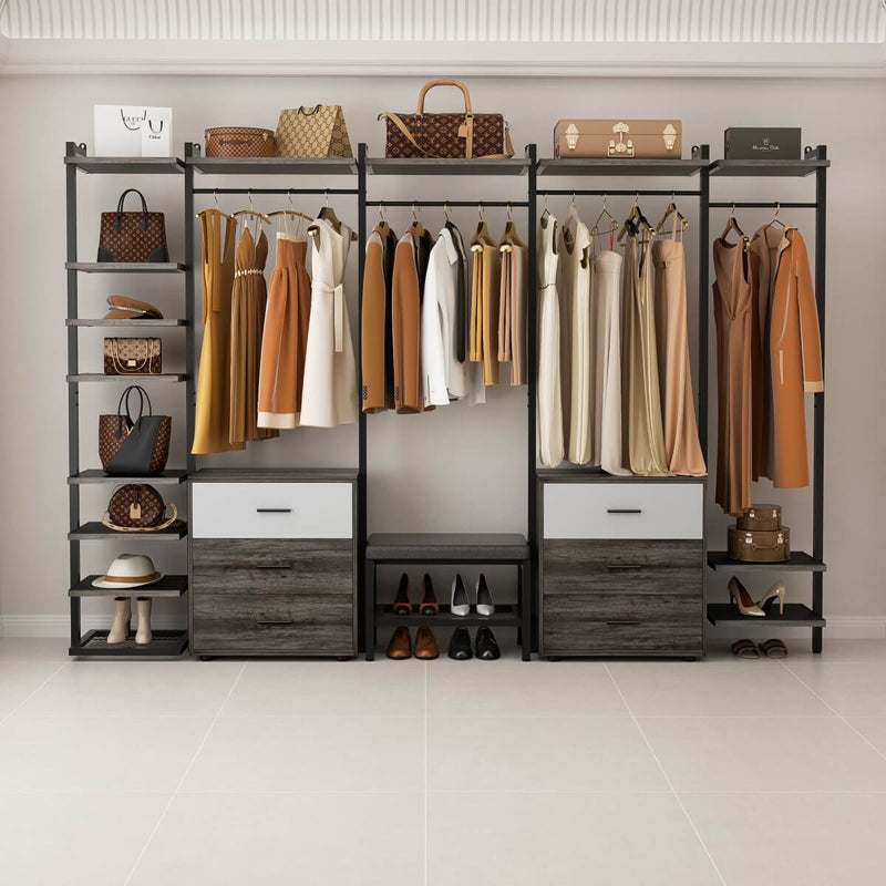 96'' Closet Organizer System with 6 Drawers, Walk-in Wardrobe Closet Clothing Rack