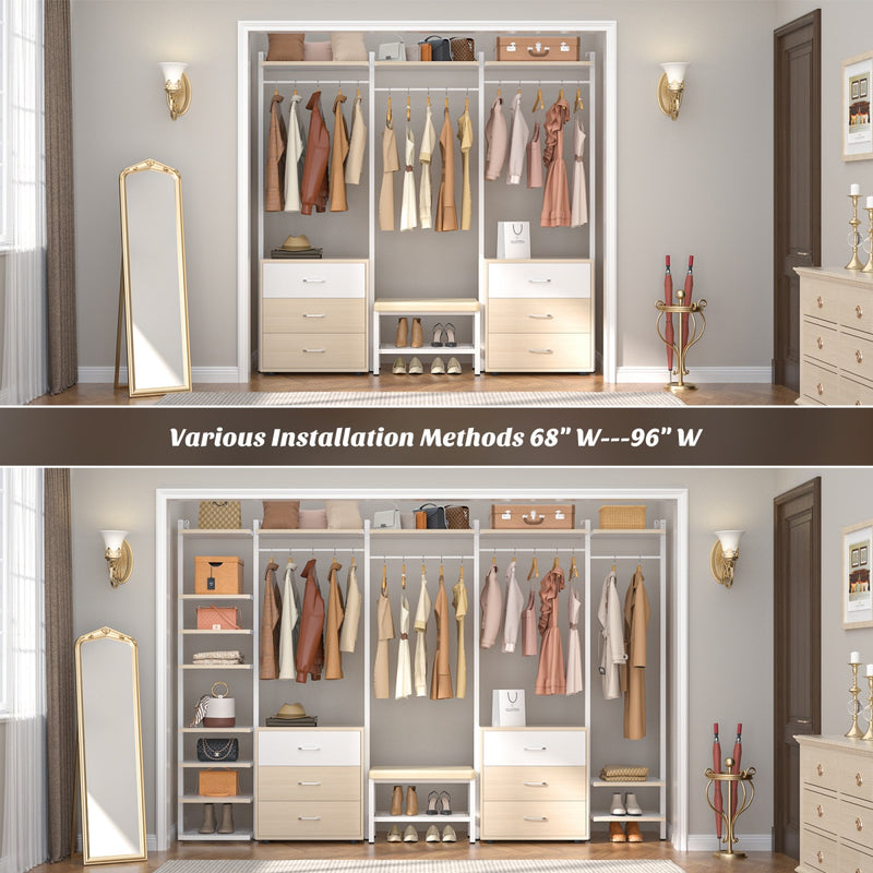 96'' Closet Organizer System with 6 Drawers, Walk-in Wardrobe Closet Clothing Rack