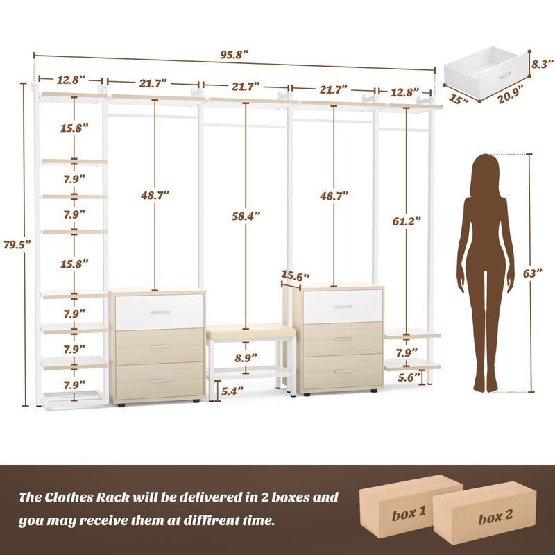 96'' Closet Organizer System with 6 Drawers, Walk-in Wardrobe Closet Clothing Rack