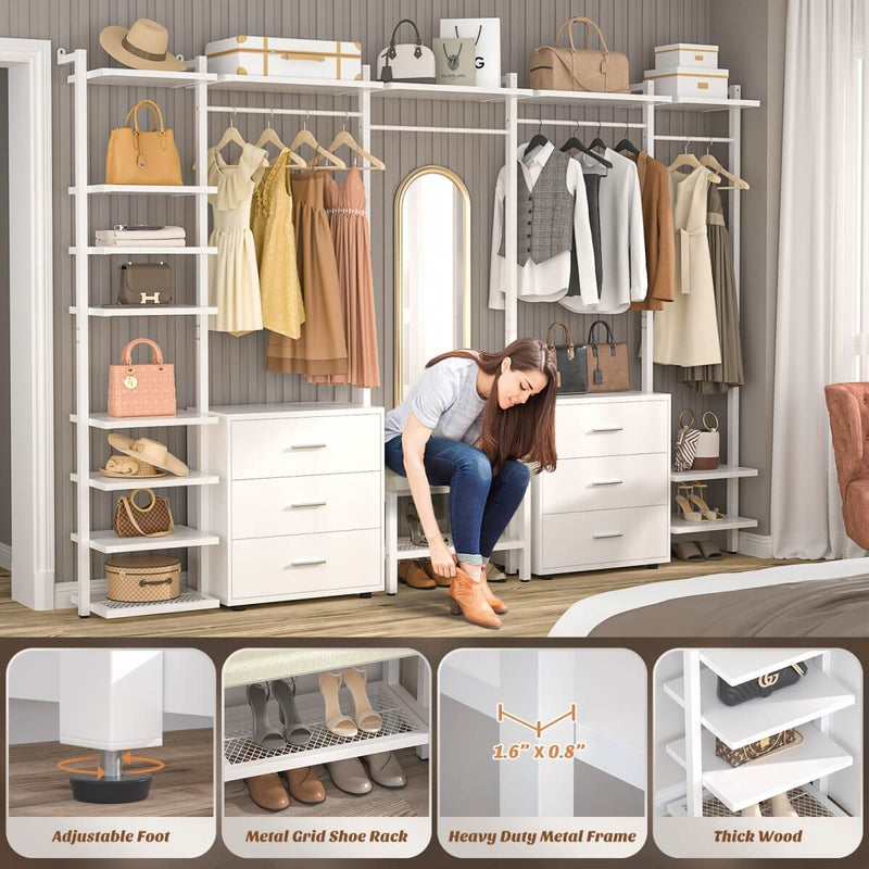 96'' Closet Organizer System with 6 Drawers, Walk-in Wardrobe Closet Clothing Rack