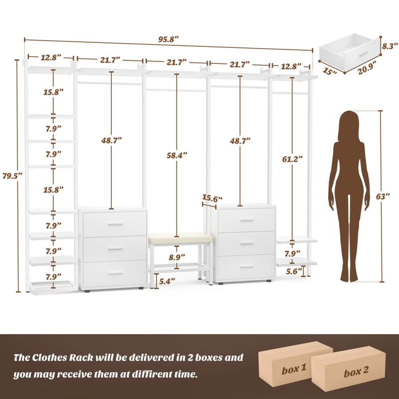 96'' Closet Organizer System with 6 Drawers, Walk-in Wardrobe Closet Clothing Rack