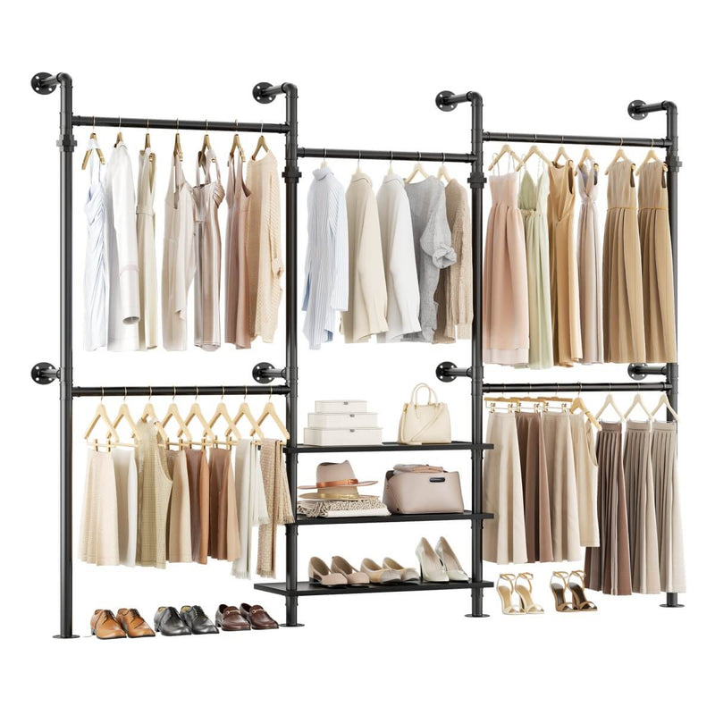 84"-128" Adjustable Metal Industrial Pipe Clothing Rack with 3-Tier Wooden Shelves, Wall Mounted