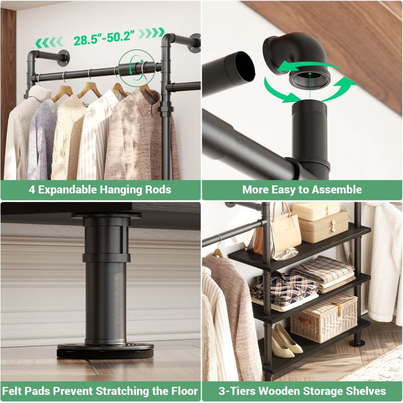 84"-128" Adjustable Metal Industrial Pipe Clothing Rack with 3-Tier Wooden Shelves, Wall Mounted