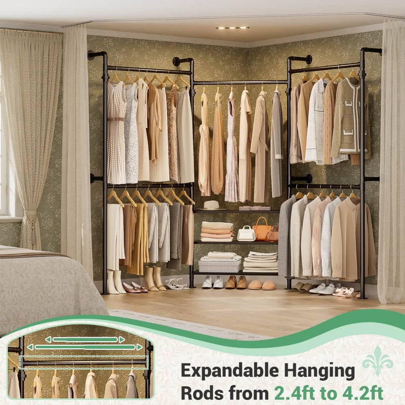 84"-128" Adjustable Metal Industrial Pipe Clothing Rack with 3-Tier Wooden Shelves, Wall Mounted