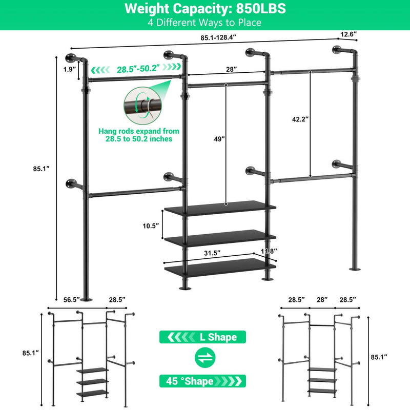 84"-128" Adjustable Metal Industrial Pipe Clothing Rack with 3-Tier Wooden Shelves, Wall Mounted