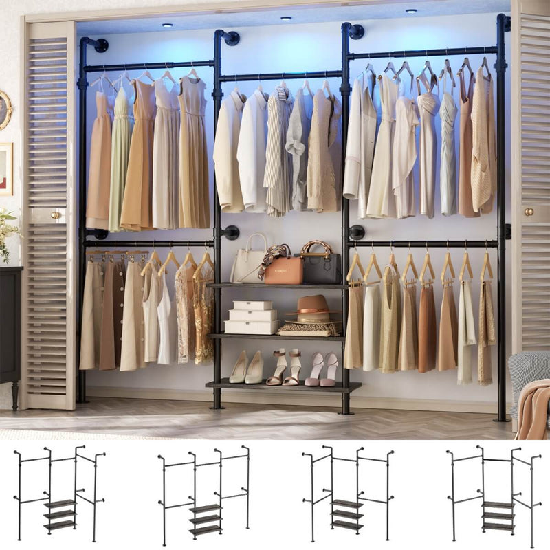 84"-128" Adjustable Metal Industrial Pipe Clothing Rack with 3-Tier Wooden Shelves, Wall Mounted