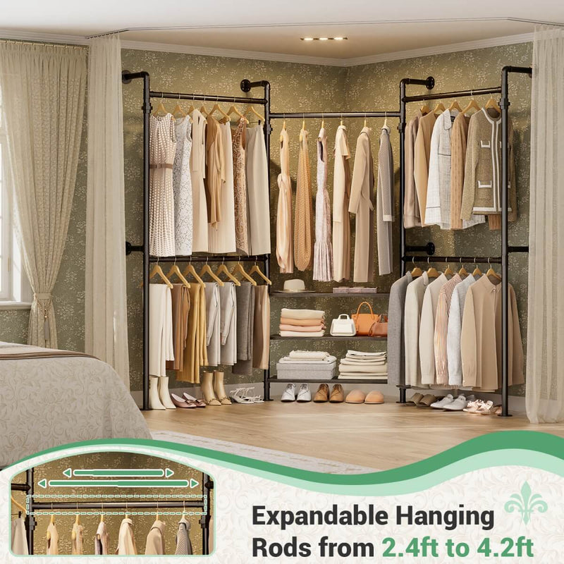 84"-128" Adjustable Metal Industrial Pipe Clothing Rack with 3-Tier Wooden Shelves, Wall Mounted