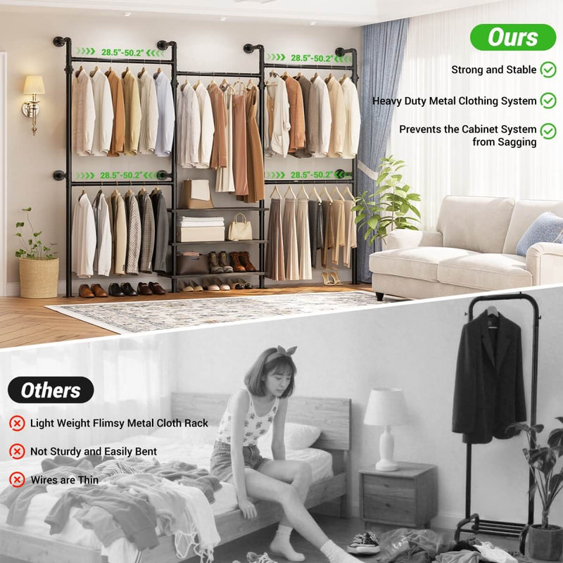 84"-128" Adjustable Metal Industrial Pipe Clothing Rack with 3-Tier Wooden Shelves, Wall Mounted