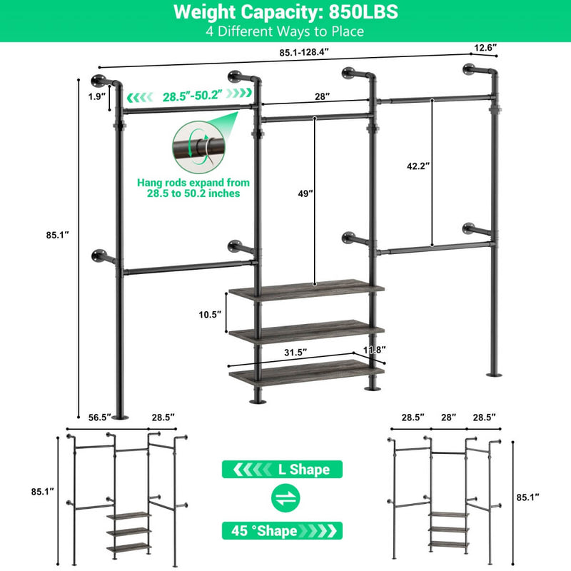 84"-128" Adjustable Metal Industrial Pipe Clothing Rack with 3-Tier Wooden Shelves, Wall Mounted
