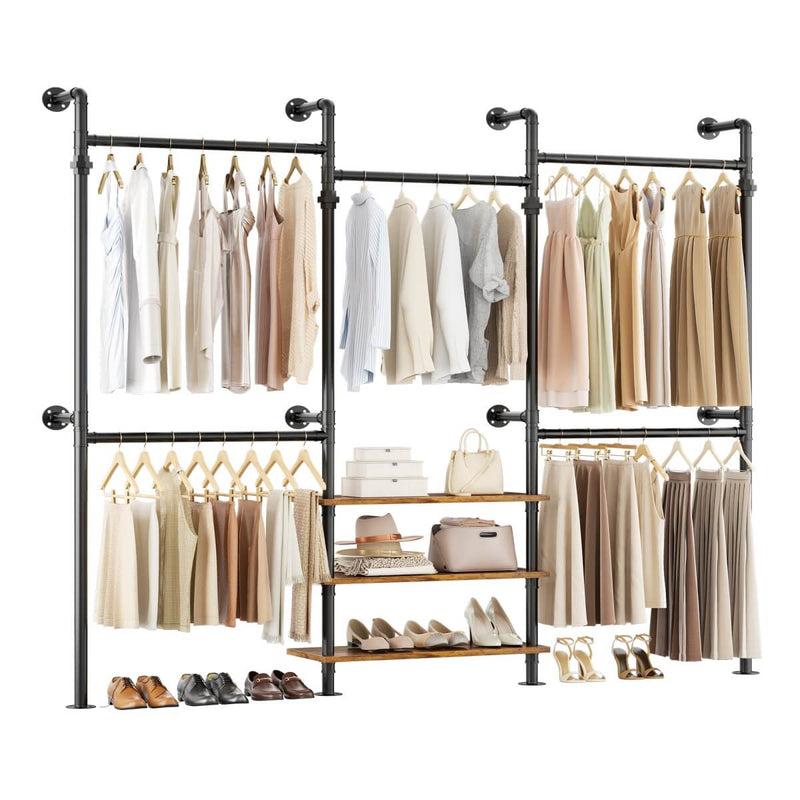 84"-128" Adjustable Metal Industrial Pipe Clothing Rack with 3-Tier Wooden Shelves, Wall Mounted