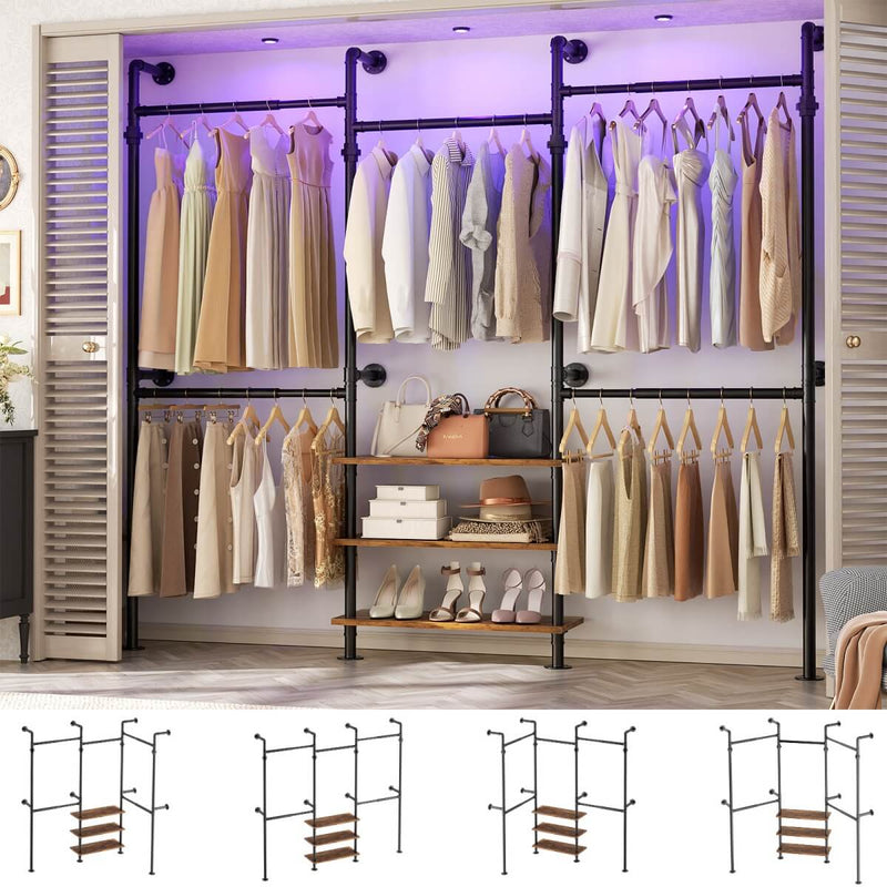 84"-128" Adjustable Metal Industrial Pipe Clothing Rack with 3-Tier Wooden Shelves, Wall Mounted