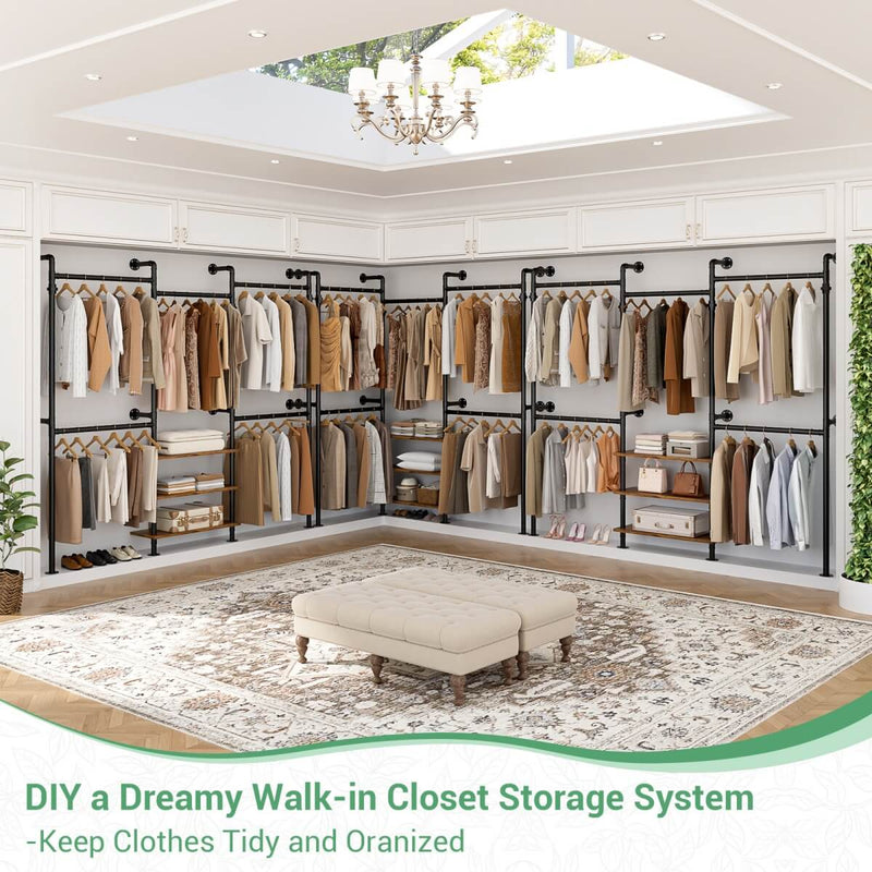 84"-128" Adjustable Metal Industrial Pipe Clothing Rack with 3-Tier Wooden Shelves, Wall Mounted