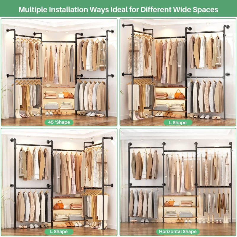 84"-128" Adjustable Metal Industrial Pipe Clothing Rack with 3-Tier Wooden Shelves, Wall Mounted